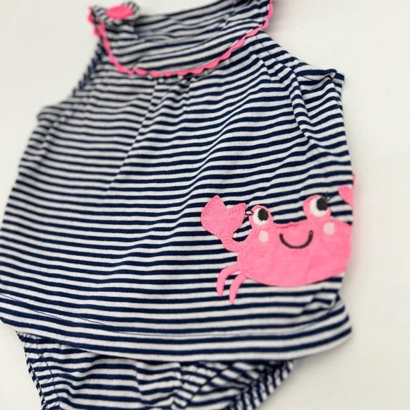 Carters Girls Toddlers Navy Striped Pink Crab Jumpsuit One Piece 3 Months - Picture 2 of 3